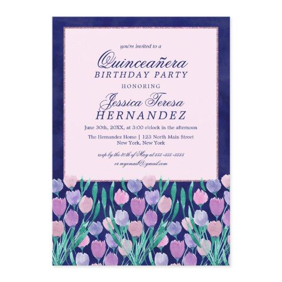 Blue Pink Tulips Floral Watercolor Quinceañera