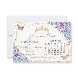 Blue Purple Floral Twins Quinceanera Calendar Save The Date