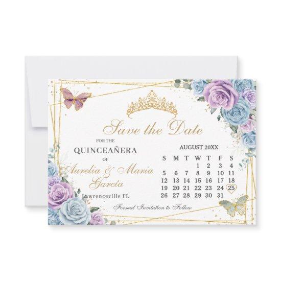 Blue Purple Floral Twins Quinceanera Calendar Save The Date