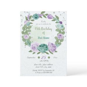 blue purple flowers greenery wreath birthday
