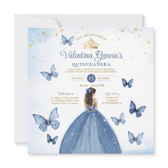 Blue Quinceañera 15 Anos Butterfly Gold Glitter