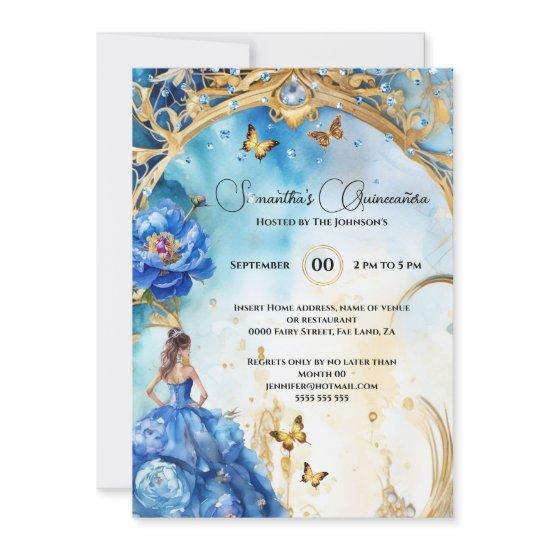 Blue Quinceañera ballgown glitter butterfly