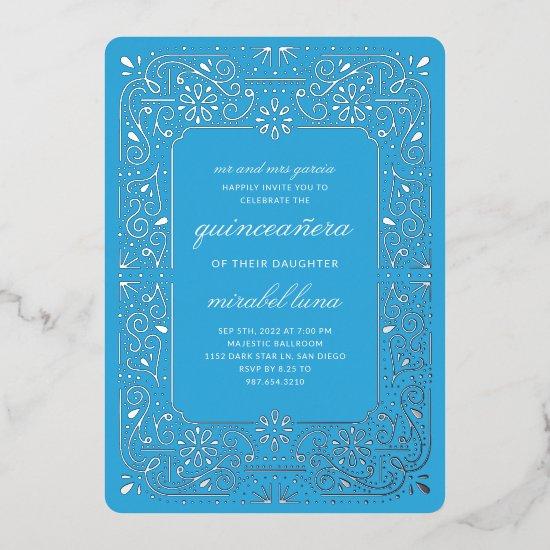 Blue Quinceañera invitaciones Foil