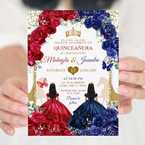 Blue Red Floral Elegant Twins Girls Quinceanera