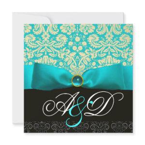 BLUE RIBBON TURQUOISE WHITE BLACK DAMASK MONOGRAM