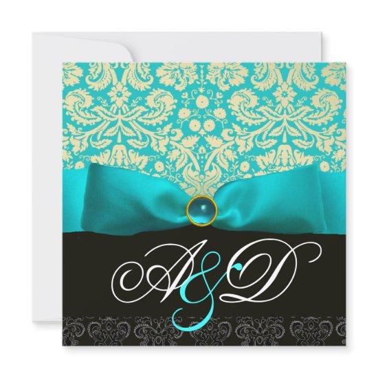 BLUE RIBBON TURQUOISE WHITE BLACK DAMASK MONOGRAM
