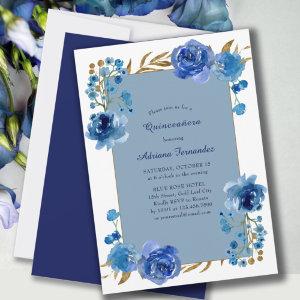Blue Rose and Gold Leaf Elegant Floral Quinceanera