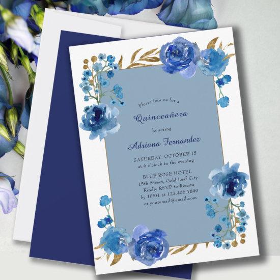 Blue Rose and Gold Leaf Elegant Floral Quinceanera