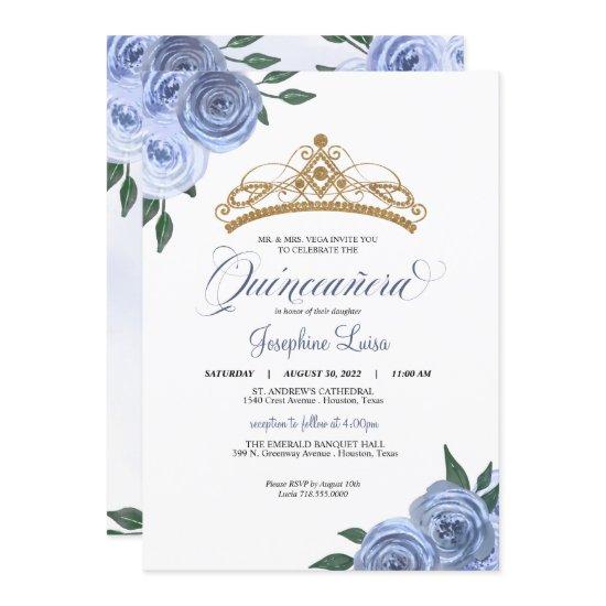 Blue Rose & Gold Tiara Floral Quinceañera Birthday