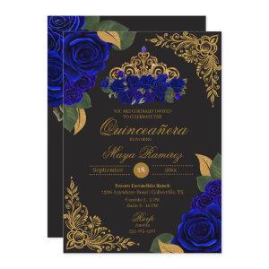 Blue Roses Black Gold Glitter Tiara Quinceañera