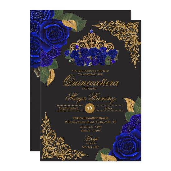 Blue Roses Black Gold Glitter Tiara Quinceañera