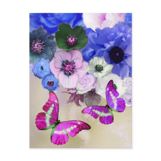 BLUE ROSES, FLOWERS AND BUTTERFLIES ,Floral Easter Postcard