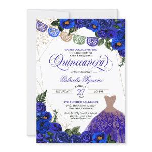 Blue Roses Glitter Dress Fiesta Quinceañera Invita