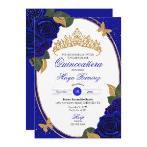 Blue Roses Gold Glitter Butterfly Quinceañera