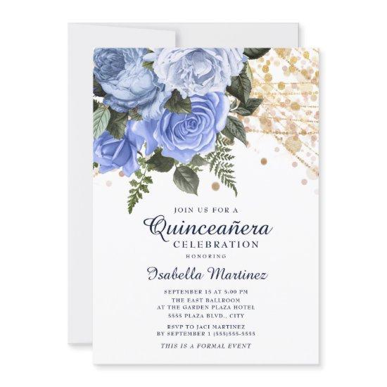 Blue Roses Gold Glitter String Lights Quinceañera