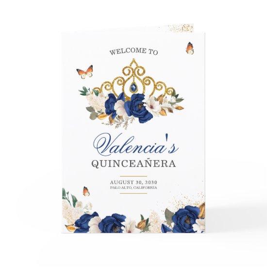 Blue Roses Gold Tiara Butterfly Quinceanera Program