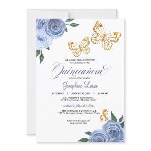 Blue Roses Golden Butterfly Quinceañera Birthday