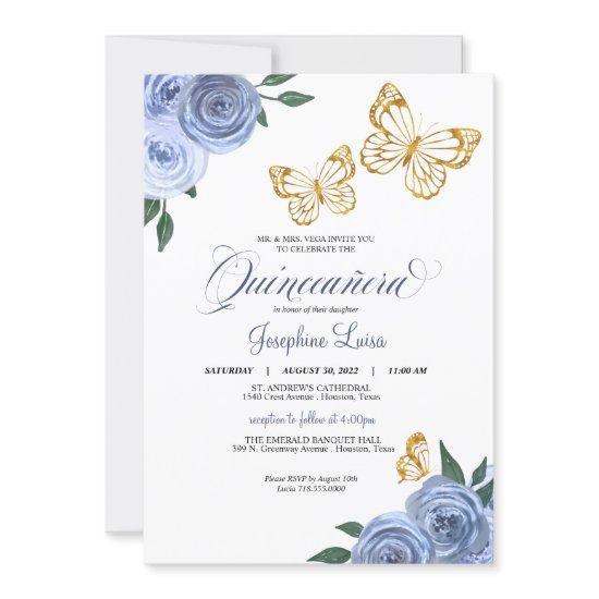 Blue Roses Golden Butterfly Quinceañera Birthday