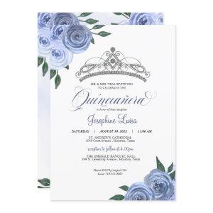 Blue Roses Silver Floral Quinceañera Birthday Invi