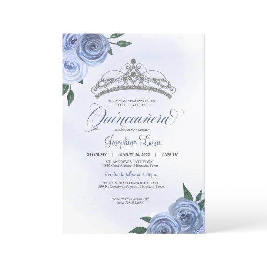 Blue Roses Silver Floral Quinceañera Birthday