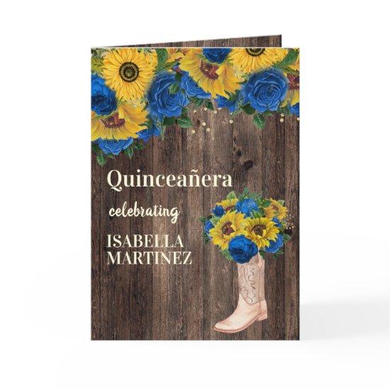 Blue Roses Sunflowers Cowgirl Photo Quinceañera Card