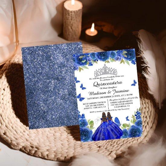 Blue Royal Floral Butterfly Twin Quinceanera