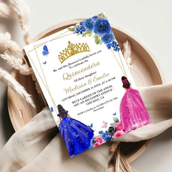 Blue Royal & Fuchsia Butterfly Twin Quinceanera
