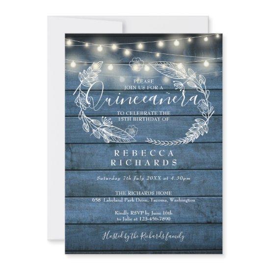 Blue Rustic Wood String Lights Quinceañera 15th
