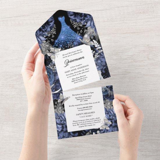 Blue silver butterfly sparkling gown birthday  all in one