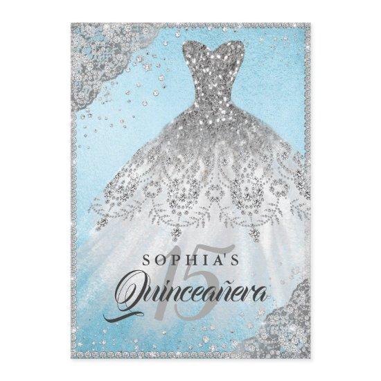 Blue Silver Diamond Lace Sparkle Gown Quinceanera