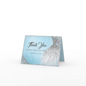 Blue Silver Diamond Sparkle Gown Quinceanera Thank You Card