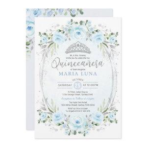 Blue Silver Floral Crown Princess Quinceañera