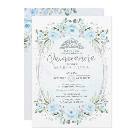 Blue Silver Floral Crown Princess Quinceañera