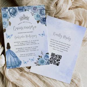Blue Silver Floral Watercolor QR Code Quinceañera