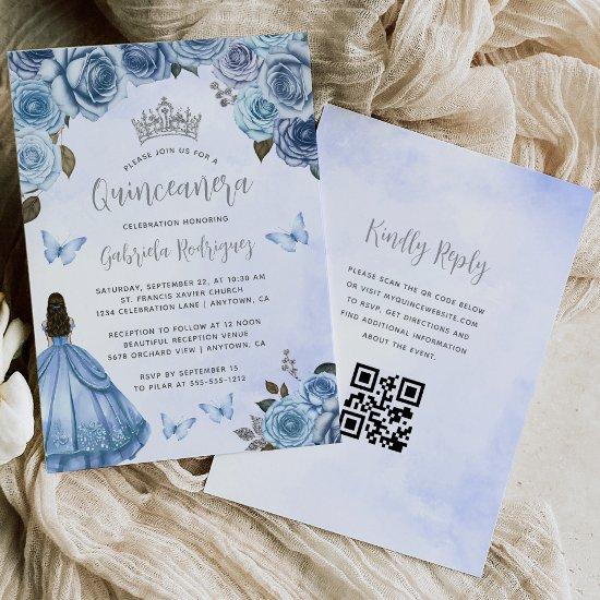 Blue Silver Floral Watercolor QR Code Quinceañera