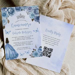 Blue Silver Floral Watercolor QR Code Quinceañera