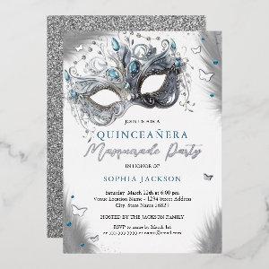 Blue Silver Masquerade Mask Butterfly Quinceanera Foil