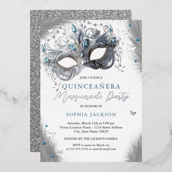 Blue Silver Masquerade Mask Butterfly Quinceanera Foil