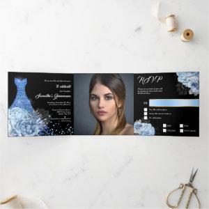 Blue silver rose PHOTO quinceanera floral glitter Tri-Fold