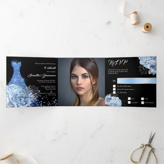 Blue silver rose PHOTO quinceanera floral glitter Tri-Fold