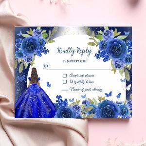 Blue Silver Rose Quinceanera Birthday RSVP Card