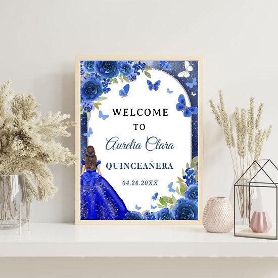 Blue Silver Rose Quinceanera Birthday Welcome Sign