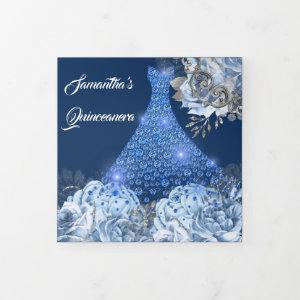 Blue silver rose womans PHOTO floral birthday Tri-Fold