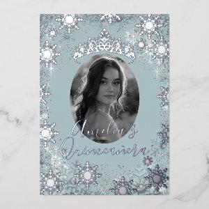 Blue Silver Snowflake Photo Quinceanera  Foil