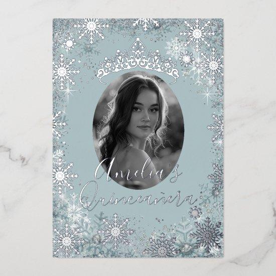 Blue Silver Snowflake Photo Quinceanera  Foil