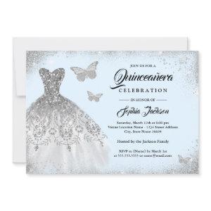 Blue Silver Sparkle Dress Butterfly Quinceanera