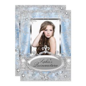 Blue Silver Sparkle Jewel Snowflake Quinceanera