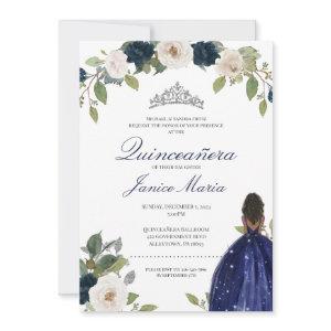 Blue Silver Tiara Floral Elegant Dress Quinceañera