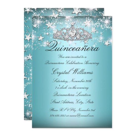 Blue Sparkle Tiara Stars Quinceanera Invite