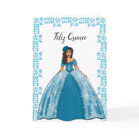 Blue Teal Vintage Quinceanera Dress Birthday Card